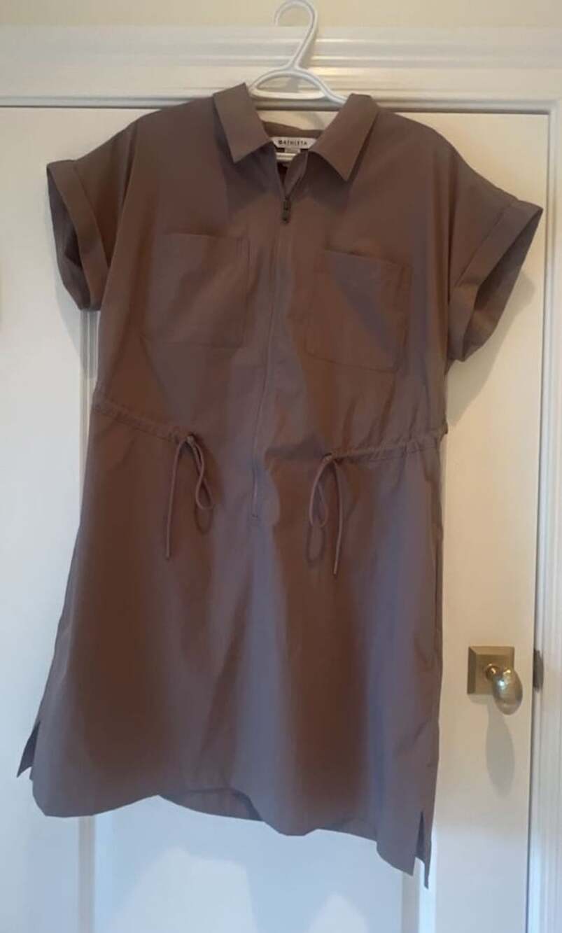 Athleta Utility Zip Mini Dress Size L Brown Short Sleeve Shirt Dress